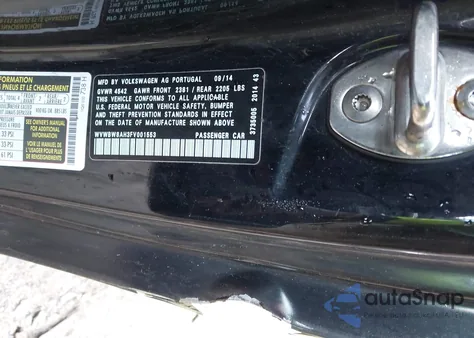 2015 Volkswagen Eos Komfort Edition из США, поврежденный, VIN WVWBW8AH3FV001553